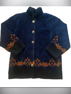 VTG 90s Duffel Outdoor Womens M Blue Orange Fleece Abstract Sweater Jacket